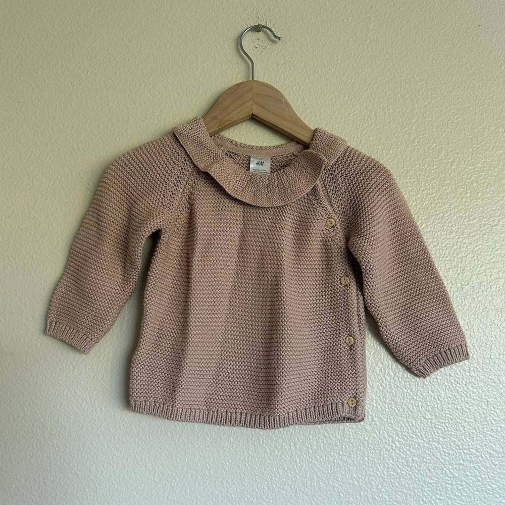 H&M Organic Cotton Baby Cardigan 3M Scandi Pink Chunky Knit Peter Pan Collar